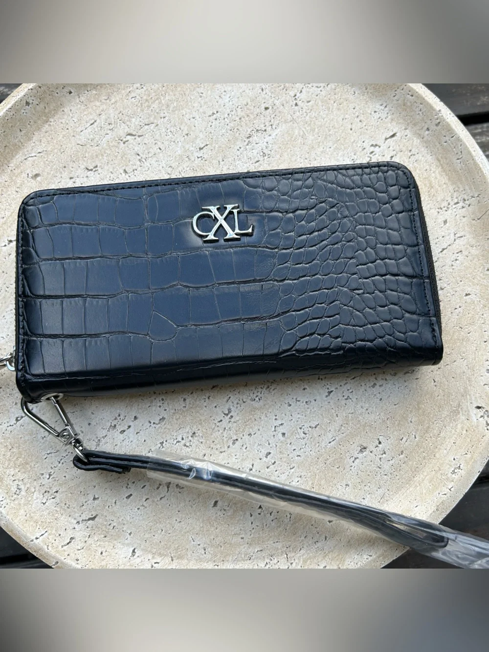Christian Lacroix Black Croc-Embossed Wristlet Clutch with Silver Hardware